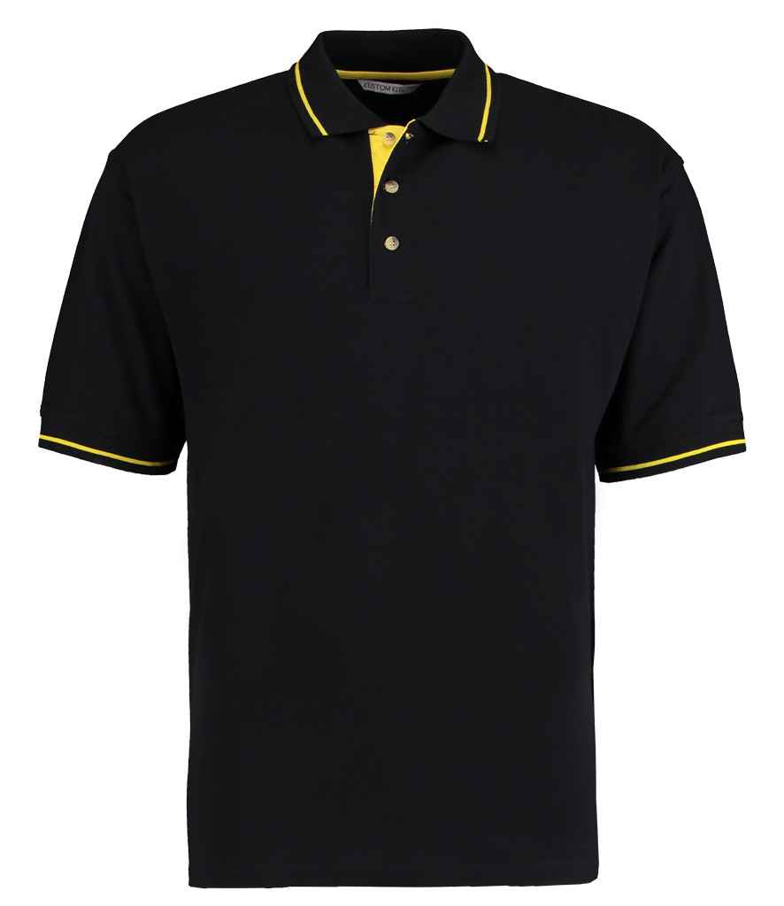 Kustom Kit St Mellion Tipped Cotton Pique Polo Shirt in Black Yellow by Kustom Kit — Custom branded clothing by Print Press, featuring premium embroidery produced in our specialist print lab in the UK.