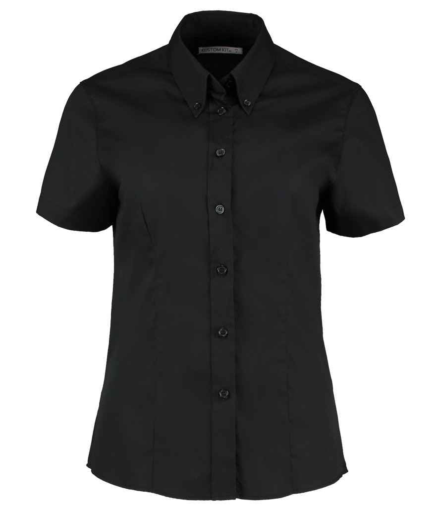 Kustom Kit Ladies Premium Short Sleeve Tailored Oxford Shirt in Black by Kustom Kit — Custom branded clothing by Print Press, featuring premium embroidery produced in our specialist print lab in the UK.