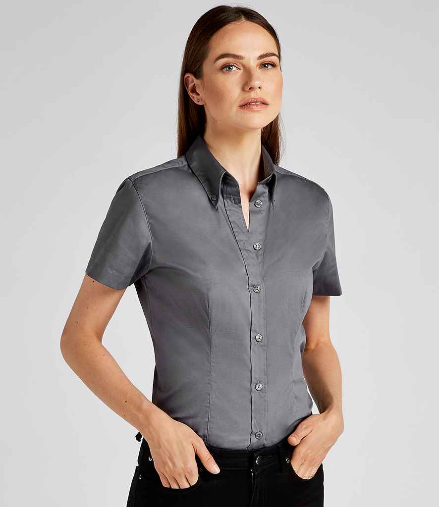 Kustom Kit Ladies Premium Short Sleeve Tailored Oxford Shirt in Charcoal by Kustom Kit — Custom branded clothing by Print Press, featuring premium embroidery produced in our specialist print lab in the UK.