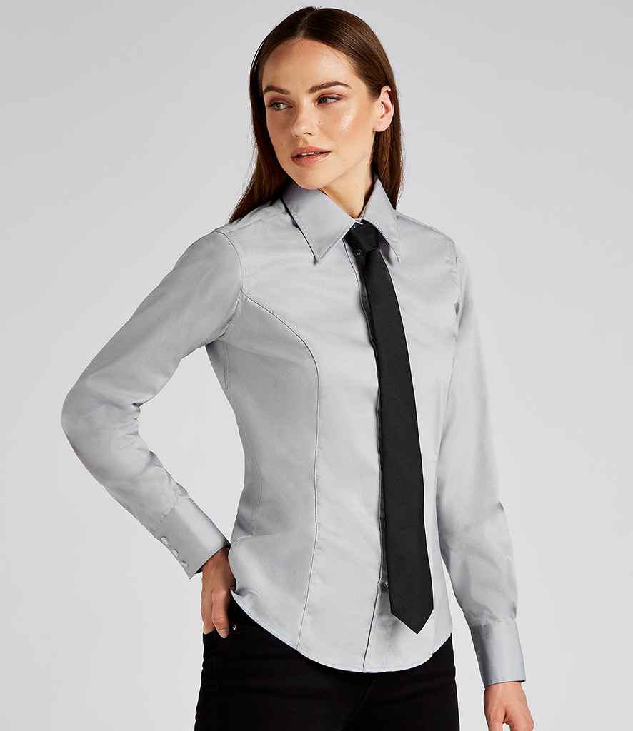 Kustom Kit Ladies Premium Long Sleeve Tailored Oxford Shirt in Silver by Kustom Kit — Custom branded clothing by Print Press, featuring premium embroidery produced in our specialist print lab in the UK.