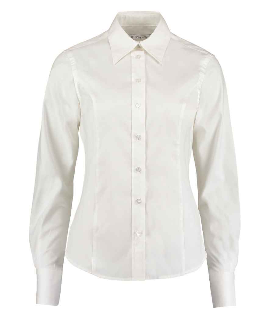 Kustom Kit Ladies Premium Long Sleeve Tailored Oxford Shirt in White by Kustom Kit — Custom branded clothing by Print Press, featuring premium embroidery produced in our specialist print lab in the UK.
