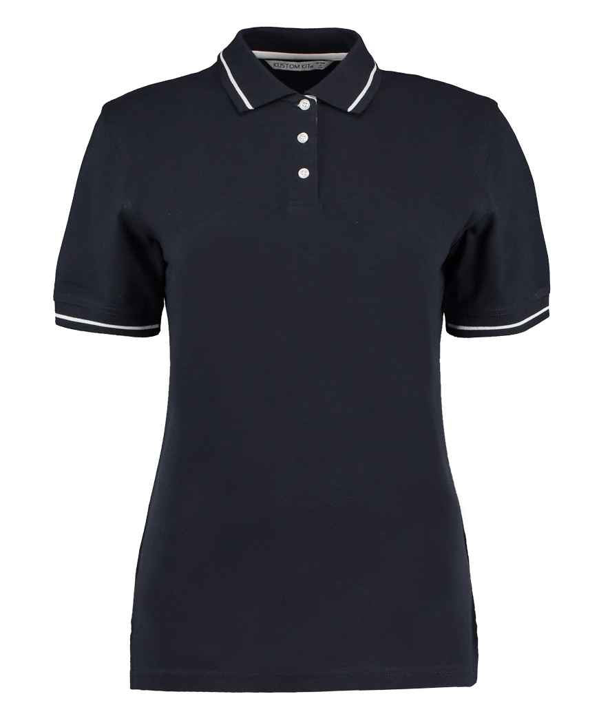 Kustom Kit Ladies St Mellion Tipped Cotton Pique Polo Shirt in Navy White by Kustom Kit — Custom branded clothing by Print Press, featuring premium embroidery produced in our specialist print lab in the UK.