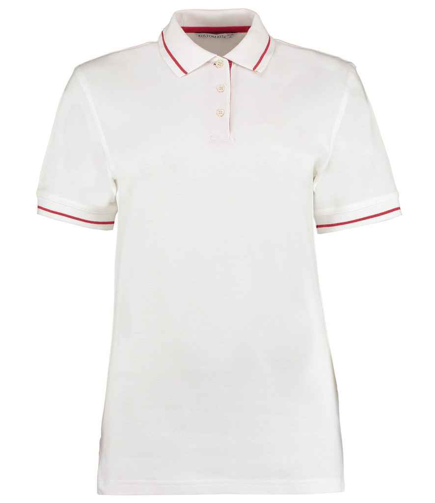 Kustom Kit Ladies St Mellion Tipped Cotton Pique Polo Shirt in White Red by Kustom Kit — Custom branded clothing by Print Press, featuring premium embroidery produced in our specialist print lab in the UK.
