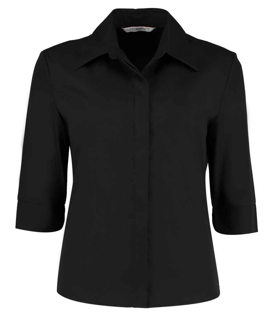 Kustom Kit Ladies 3/4 Sleeve Tailored Continental Shirt in Black by Kustom Kit — Custom branded clothing by Print Press, featuring premium embroidery produced in our specialist print lab in the UK.