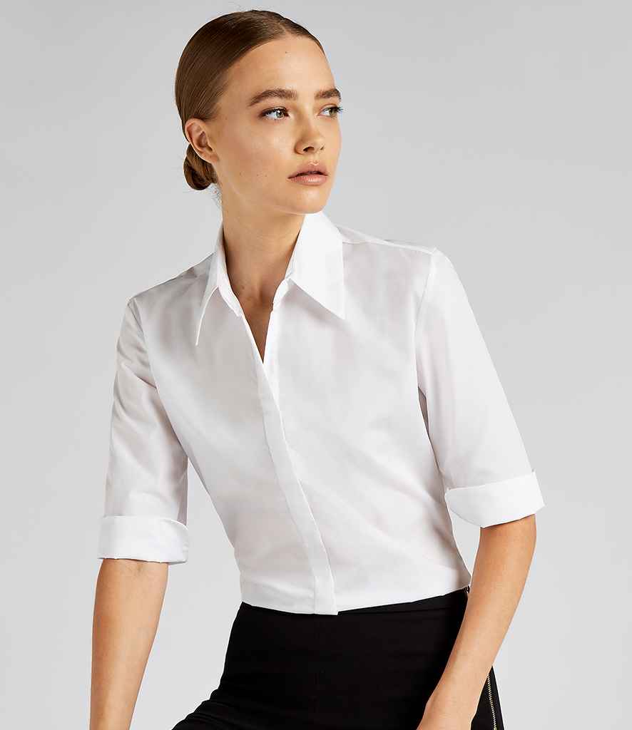 Kustom Kit Ladies 3/4 Sleeve Tailored Continental Shirt in White by Kustom Kit — Custom branded clothing by Print Press, featuring premium embroidery produced in our specialist print lab in the UK.