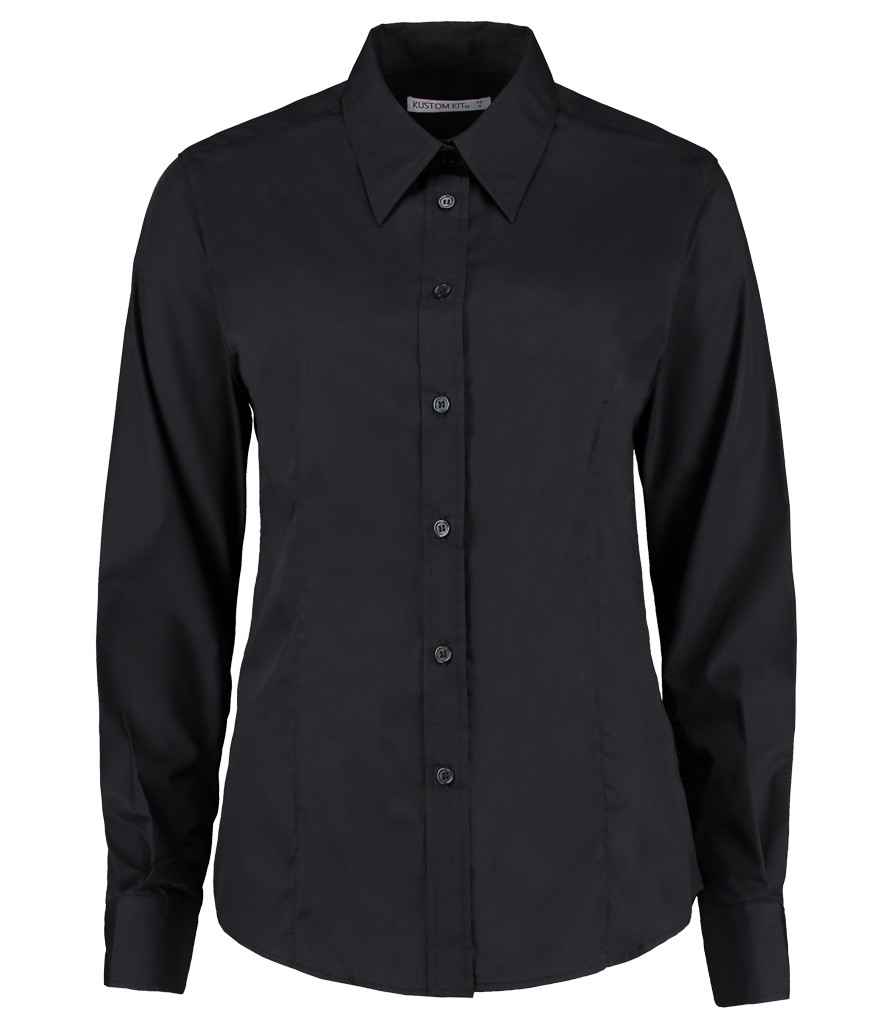 Kustom Kit Ladies Long Sleeve Classic Fit Workforce Shirt in Black by Kustom Kit — Custom branded clothing by Print Press, featuring premium embroidery produced in our specialist print lab in the UK.