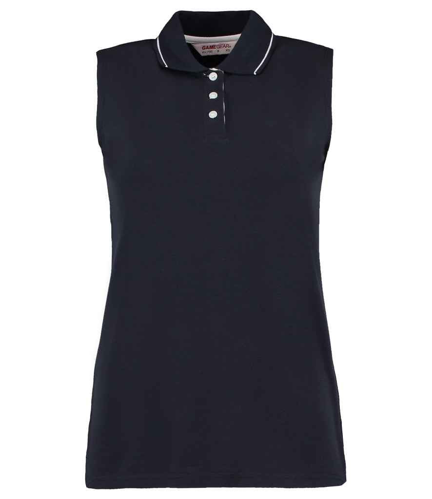 Kustom Kit Ladies Proactive Sleeveless Cotton Pique Polo Shirt in Navy White by Kustom Kit — Custom branded clothing by Print Press, featuring premium embroidery produced in our specialist print lab in the UK.