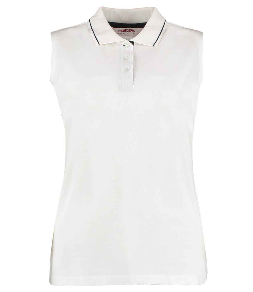 Kustom Kit Ladies Proactive Sleeveless Cotton Pique Polo Shirt in White Navy by Kustom Kit — Custom branded clothing by Print Press, featuring premium embroidery produced in our specialist print lab in the UK.