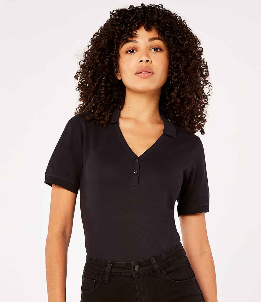 Kustom Kit Sophia Comfortec V Neck Polo Shirt in Black by Kustom Kit — Custom branded clothing by Print Press, featuring premium embroidery produced in our specialist print lab in the UK.