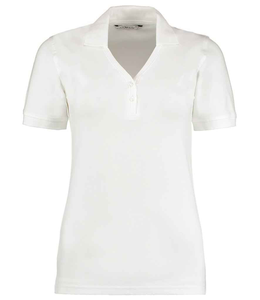 Kustom Kit Sophia Comfortec V Neck Polo Shirt in White by Kustom Kit — Custom branded clothing by Print Press, featuring premium embroidery produced in our specialist print lab in the UK.