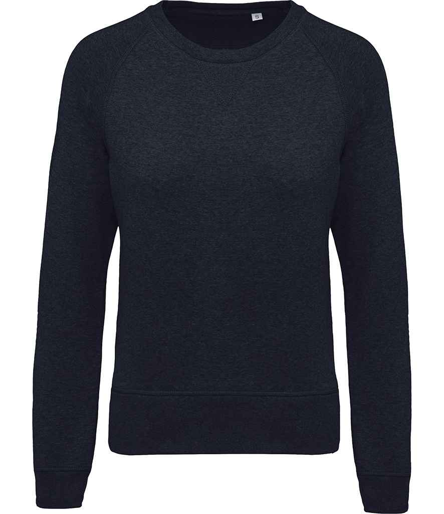 Kariban Ladies Organic Raglan Sweatshirt in French Navy Heather by Kariban — Custom branded clothing by Print Press, featuring premium embroidery produced in our specialist print lab in the UK.