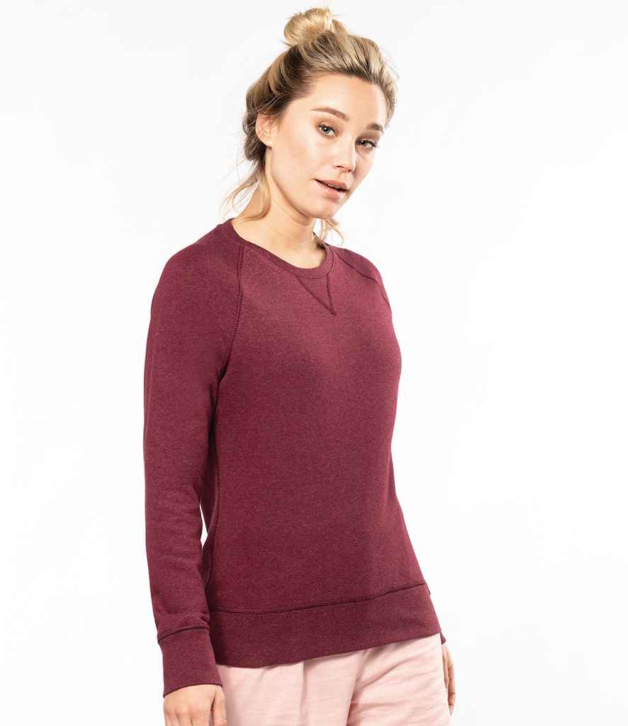 Kariban Ladies Organic Raglan Sweatshirt in Wine Heather by Kariban — Custom branded clothing by Print Press, featuring premium embroidery produced in our specialist print lab in the UK.
