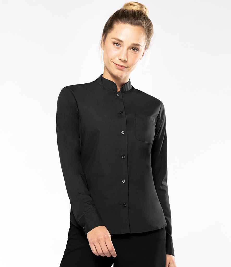 Kariban Ladies Long Sleeve Mandarin Collar Shirt in Black by Kariban — Custom branded clothing by Print Press, featuring premium embroidery produced in our specialist print lab in the UK.