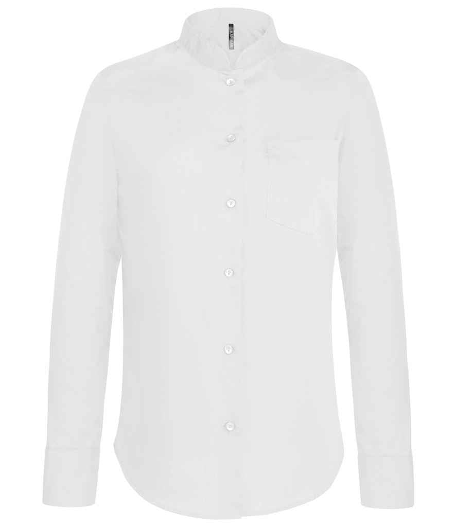 Kariban Ladies Long Sleeve Mandarin Collar Shirt in White by Kariban — Custom branded clothing by Print Press, featuring premium embroidery produced in our specialist print lab in the UK.