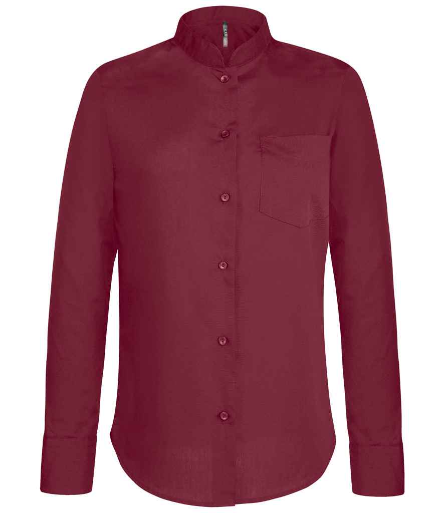 Kariban Ladies Long Sleeve Mandarin Collar Shirt in Wine by Kariban — Custom branded clothing by Print Press, featuring premium embroidery produced in our specialist print lab in the UK.