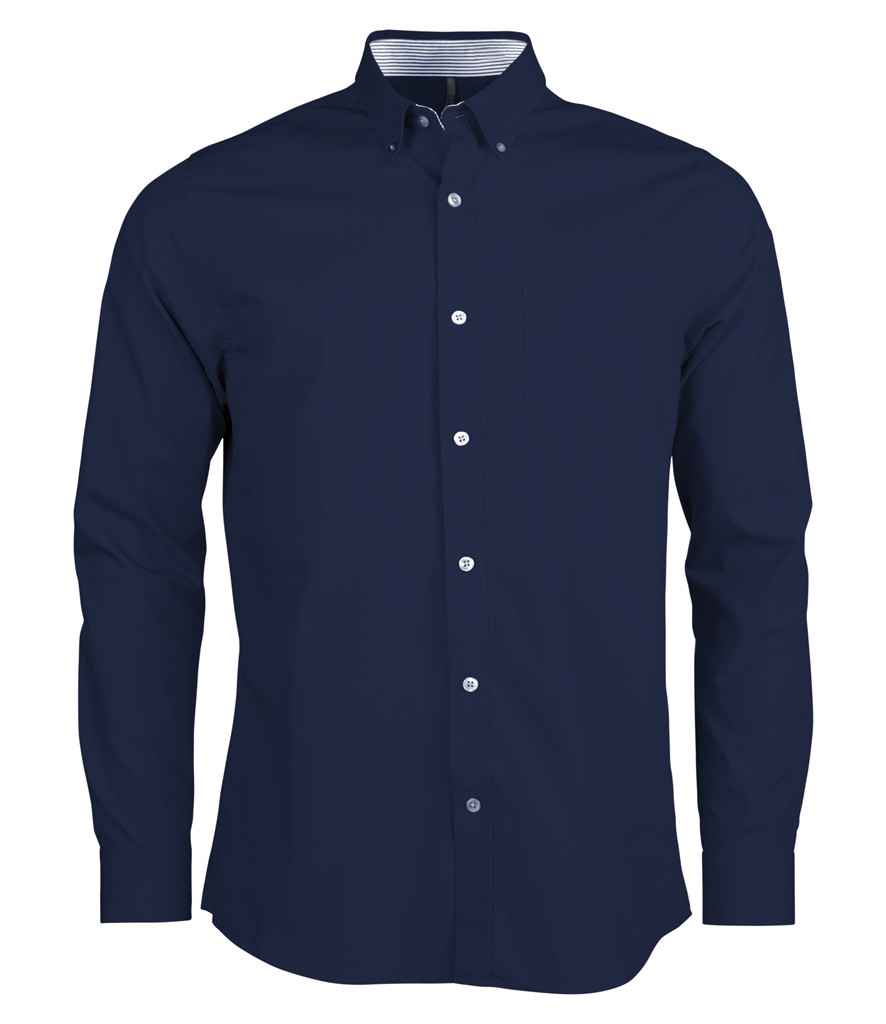 Kariban Long Sleeve Washed Poplin Shirt in Navy by Kariban — Custom branded clothing by Print Press, featuring premium embroidery produced in our specialist print lab in the UK.