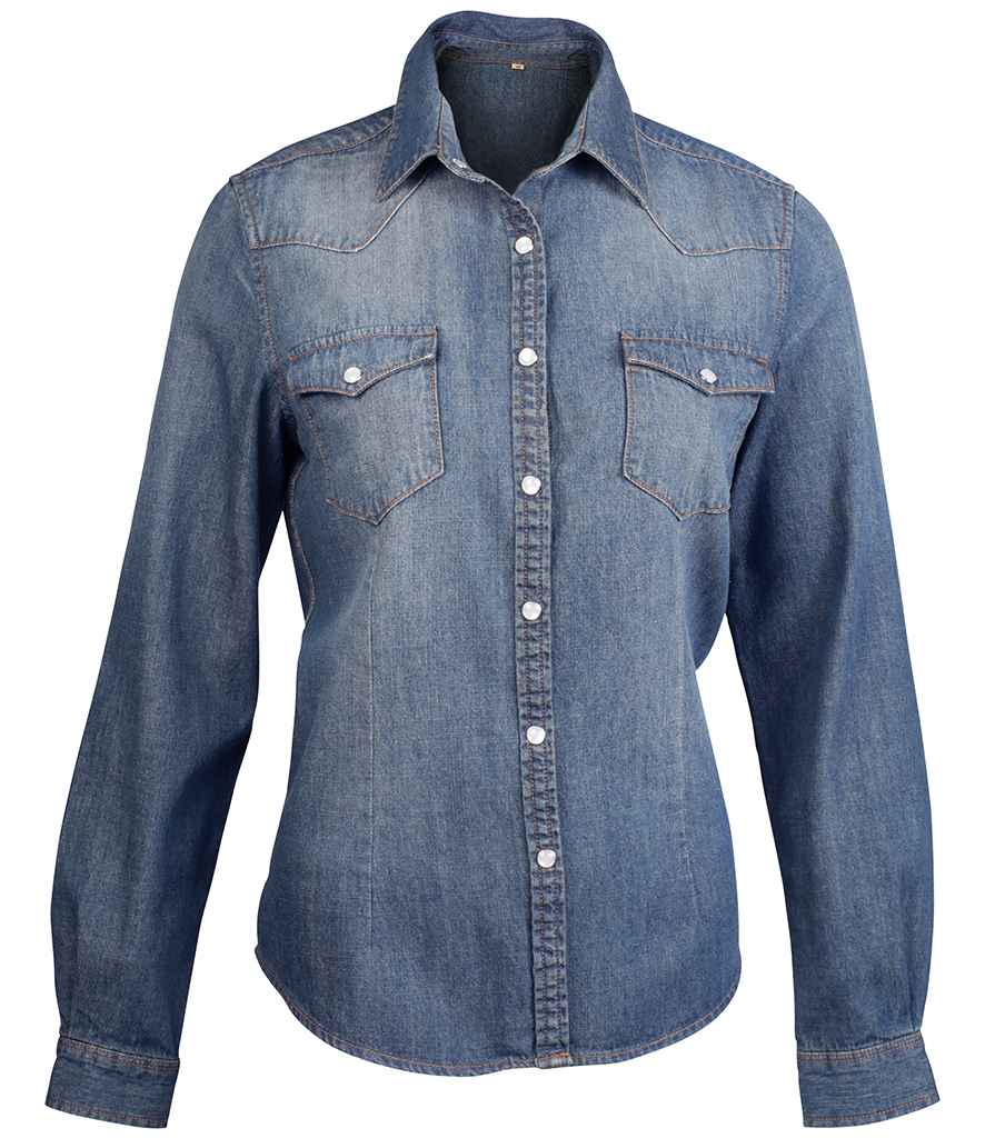 Kariban Ladies Long Sleeve Denim Shirt in Blue Jean by Kariban — Custom branded clothing by Print Press, featuring premium embroidery produced in our specialist print lab in the UK.
