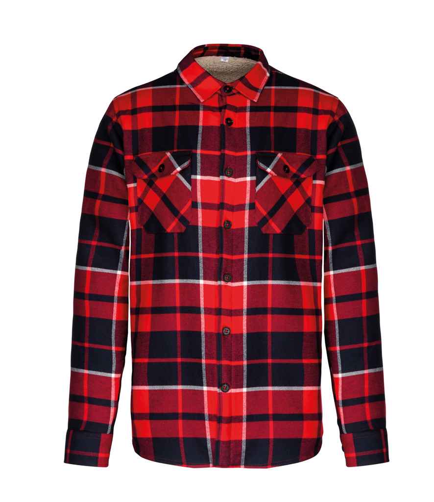 Kariban Sherpa Lined Checked Shirt Jacket in Red Navy by Kariban — Custom branded clothing by Print Press, featuring premium embroidery produced in our specialist print lab in the UK.