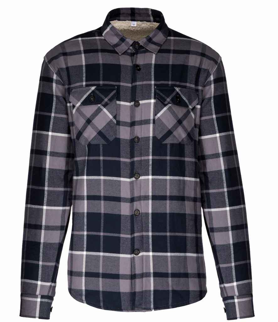 Kariban Sherpa Lined Checked Shirt Jacket in Storm Grey Navy by Kariban — Custom branded clothing by Print Press, featuring premium embroidery produced in our specialist print lab in the UK.