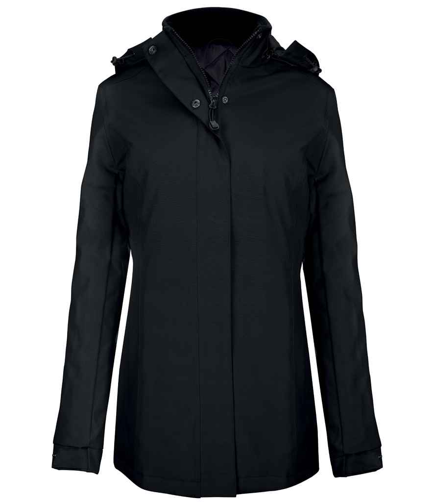 Kariban Ladies Parka Jacket in Black by Kariban — Custom branded clothing by Print Press, featuring premium embroidery produced in our specialist print lab in the UK.