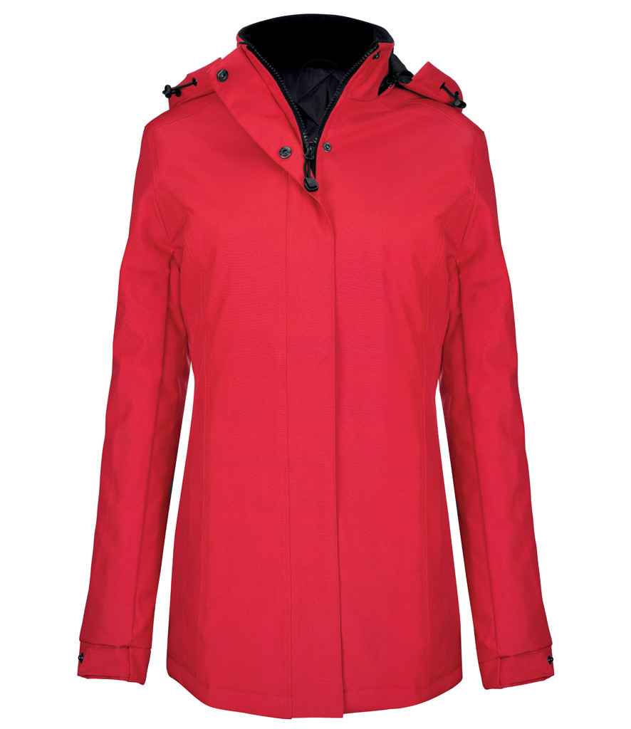 Kariban Ladies Parka Jacket in Red by Kariban — Custom branded clothing by Print Press, featuring premium embroidery produced in our specialist print lab in the UK.