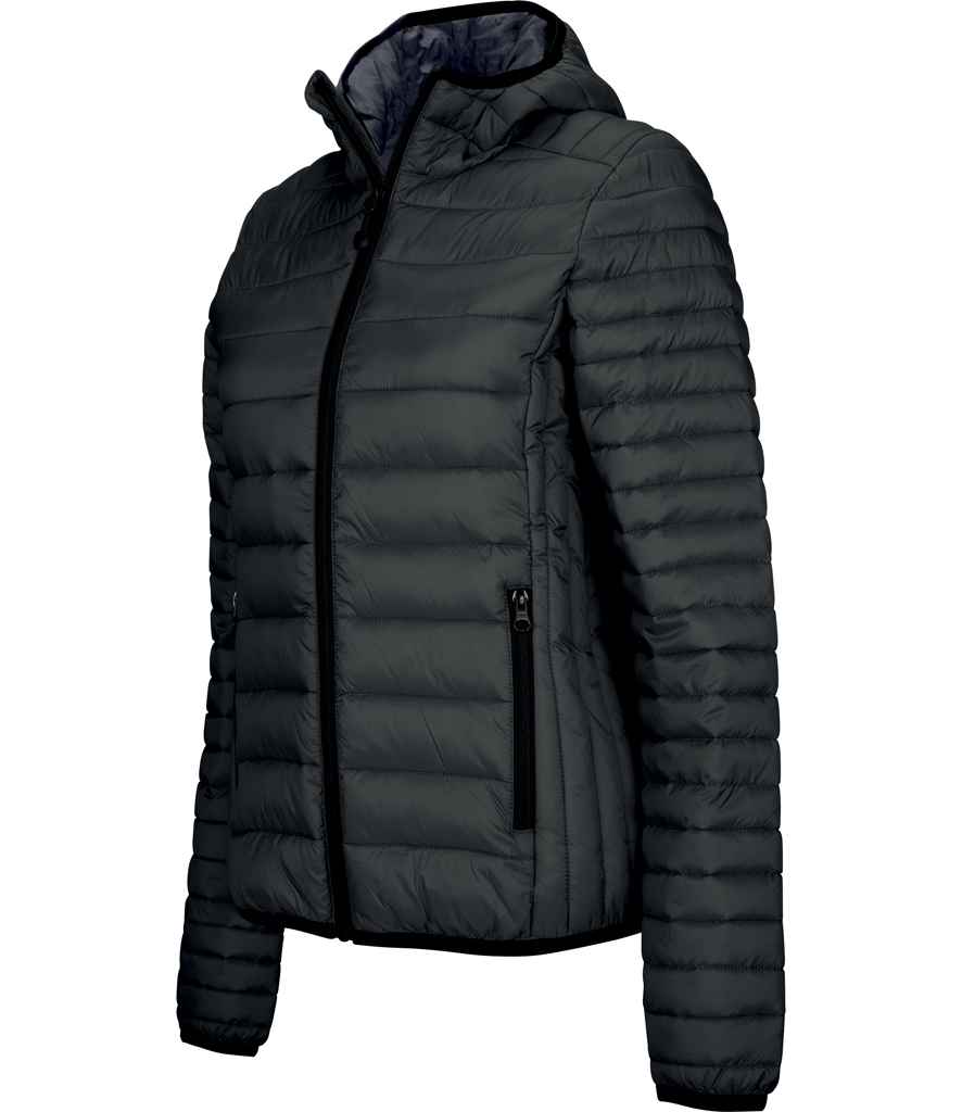 Kariban Ladies Lightweight Hooded Padded Jacket in Black by Kariban — Custom branded clothing by Print Press, featuring premium embroidery produced in our specialist print lab in the UK.