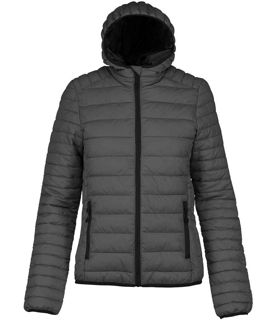 Kariban Ladies Lightweight Hooded Padded Jacket in Marl Dark Grey by Kariban — Custom branded clothing by Print Press, featuring premium embroidery produced in our specialist print lab in the UK.