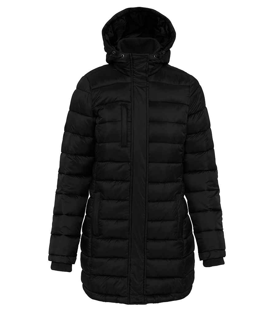 Kariban Ladies Lightweight Long Padded Parka Jacket in Black by Kariban — Custom branded clothing by Print Press, featuring premium embroidery produced in our specialist print lab in the UK.