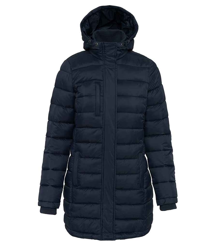 Kariban Ladies Lightweight Long Padded Parka Jacket in Navy by Kariban — Custom branded clothing by Print Press, featuring premium embroidery produced in our specialist print lab in the UK.