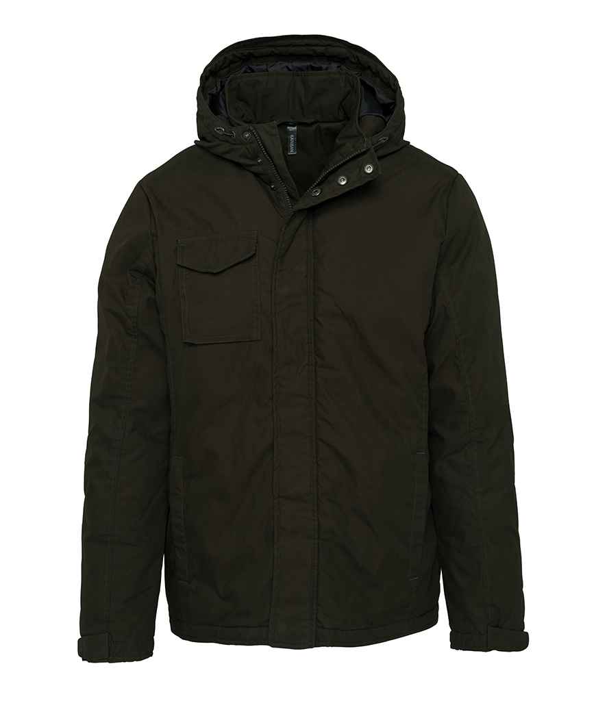 Kariban Hooded Parka Jacket in Dark Khaki by Kariban — Custom branded clothing by Print Press, featuring premium embroidery produced in our specialist print lab in the UK.