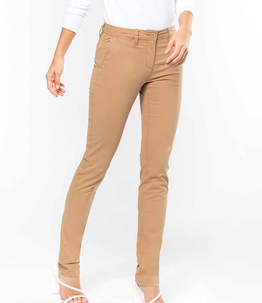 Kariban Ladies Chino Trousers in Beige by Kariban — Custom branded clothing by Print Press, featuring premium embroidery produced in our specialist print lab in the UK.