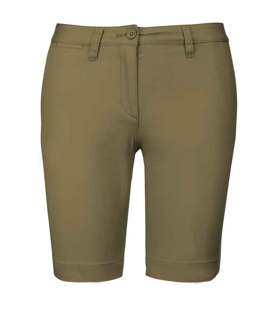 Kariban Ladies Chino Bermuda Shorts in Light Khaki by Kariban — Custom branded clothing by Print Press, featuring premium embroidery produced in our specialist print lab in the UK.