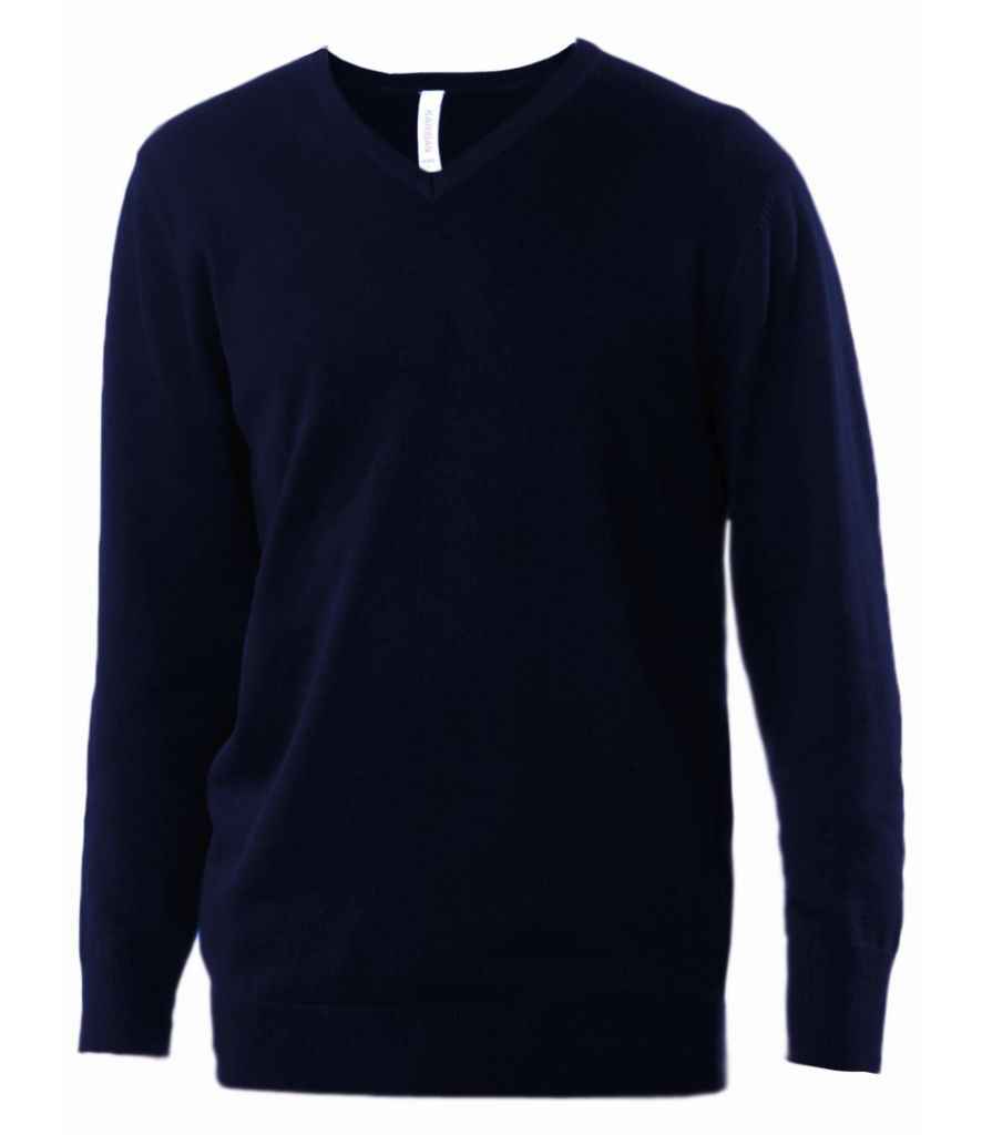 Kariban Cotton Acrylic V Neck Sweater in Navy by Kariban — Custom branded clothing by Print Press, featuring premium embroidery produced in our specialist print lab in the UK.