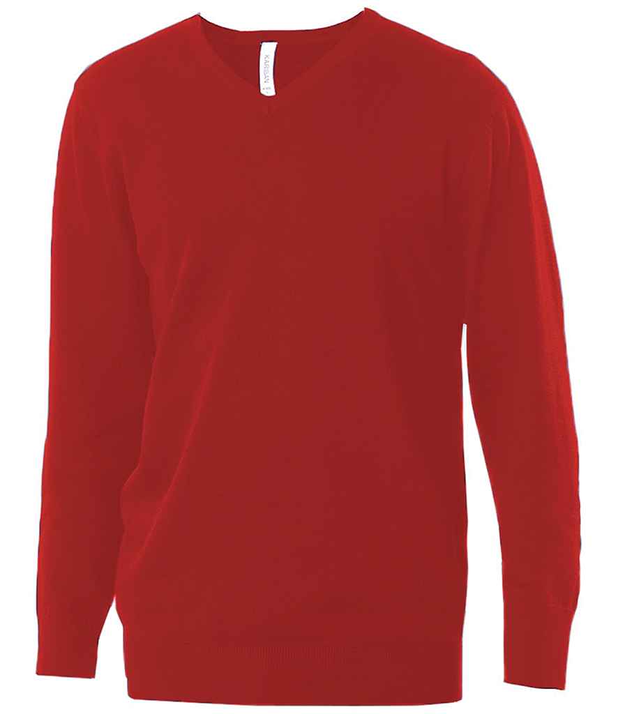 Kariban Cotton Acrylic V Neck Sweater in Red by Kariban — Custom branded clothing by Print Press, featuring premium embroidery produced in our specialist print lab in the UK.