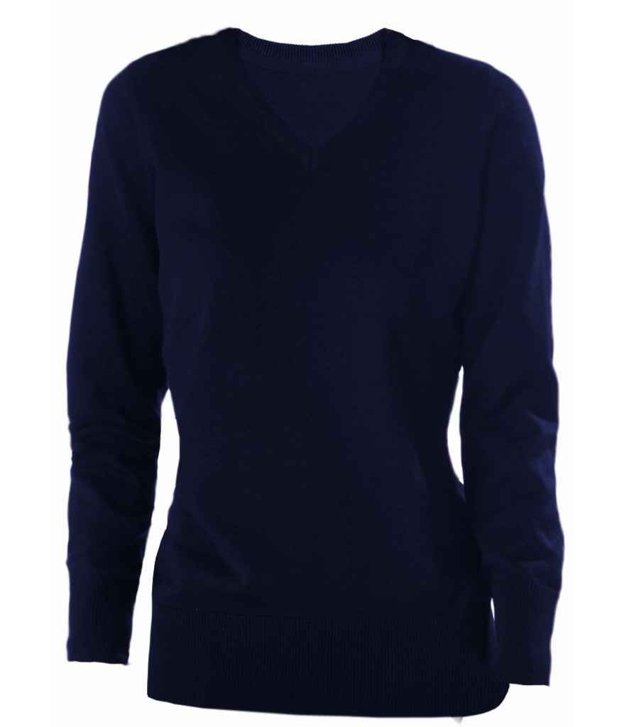 Kariban Ladies Cotton Acrylic V Neck Sweater in Navy by Kariban — Custom branded clothing by Print Press, featuring premium embroidery produced in our specialist print lab in the UK.