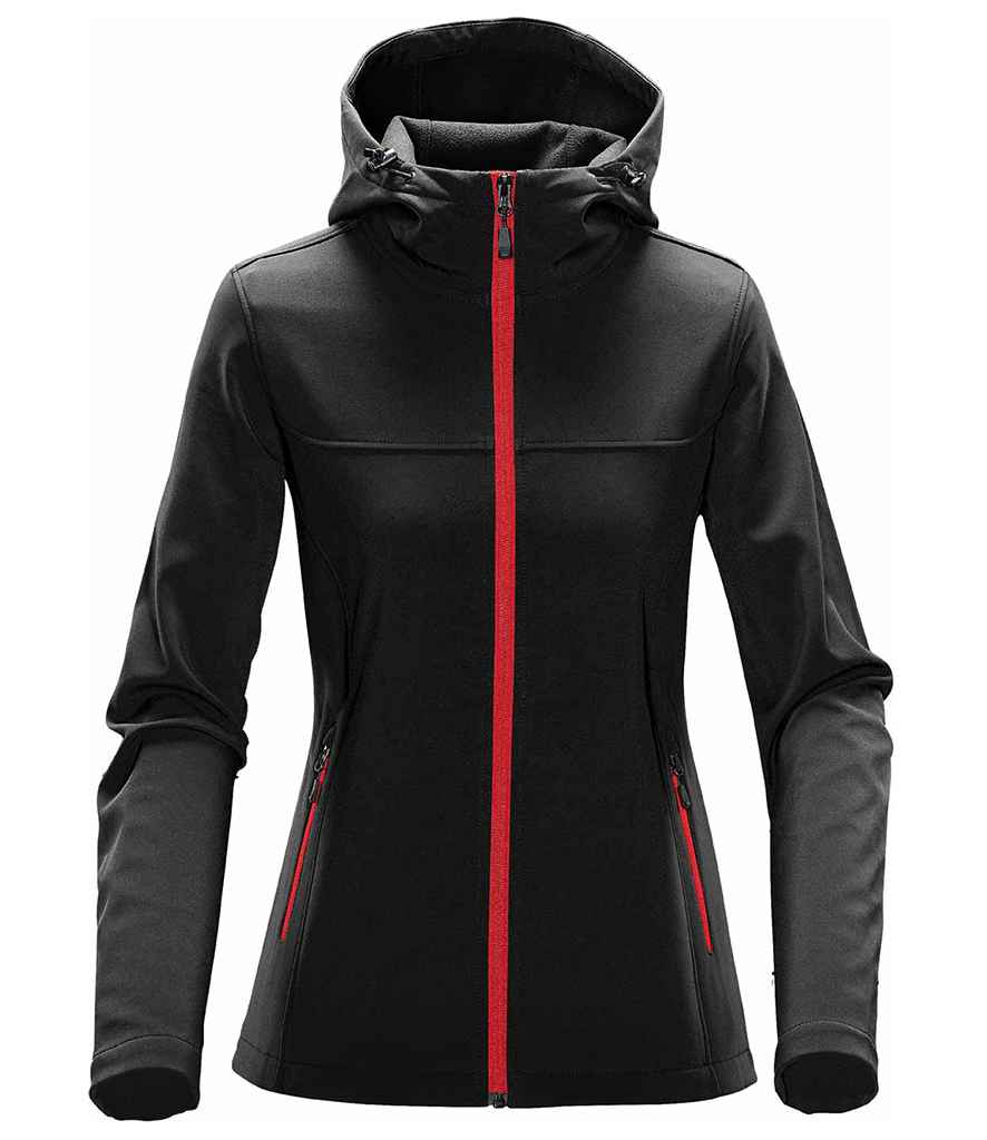 Stormtech Ladies Orbiter Hooded Soft Shell Jacket in Black Bright Red by Stormtech — Custom branded clothing by Print Press, featuring premium embroidery produced in our specialist print lab in the UK.