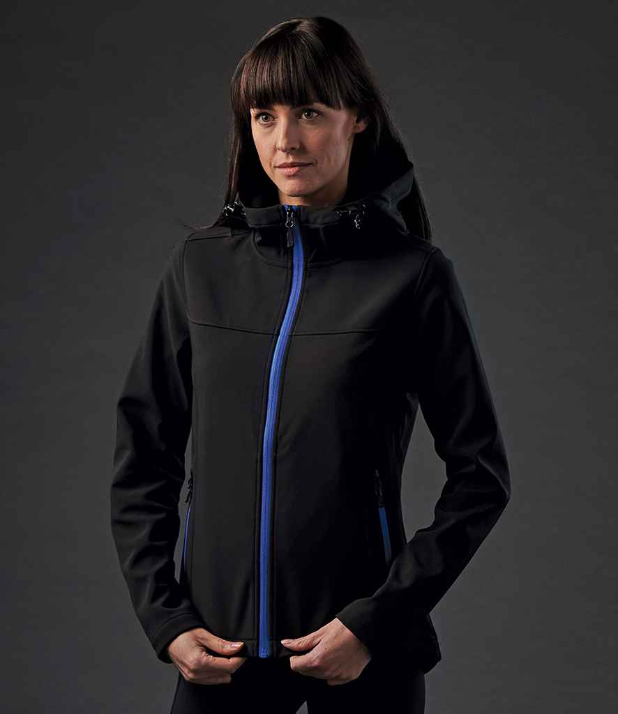 Stormtech Ladies Orbiter Hooded Soft Shell Jacket in Black Azure by Stormtech — Custom branded clothing by Print Press, featuring premium embroidery produced in our specialist print lab in the UK.
