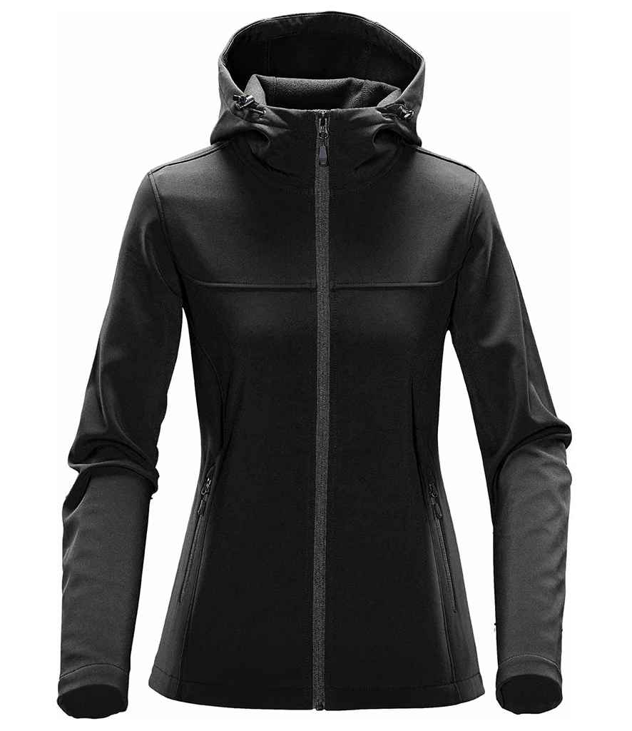 Stormtech Ladies Orbiter Hooded Soft Shell Jacket in Black Dolphin by Stormtech — Custom branded clothing by Print Press, featuring premium embroidery produced in our specialist print lab in the UK.