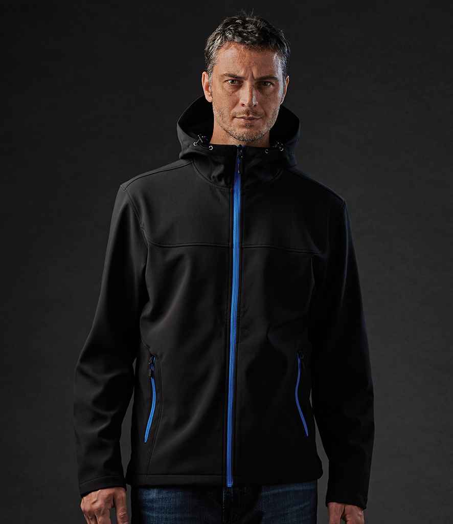 Stormtech Orbiter Hooded Soft Shell Jacket in Black Azure by Stormtech — Custom branded clothing by Print Press, featuring premium embroidery produced in our specialist print lab in the UK.
