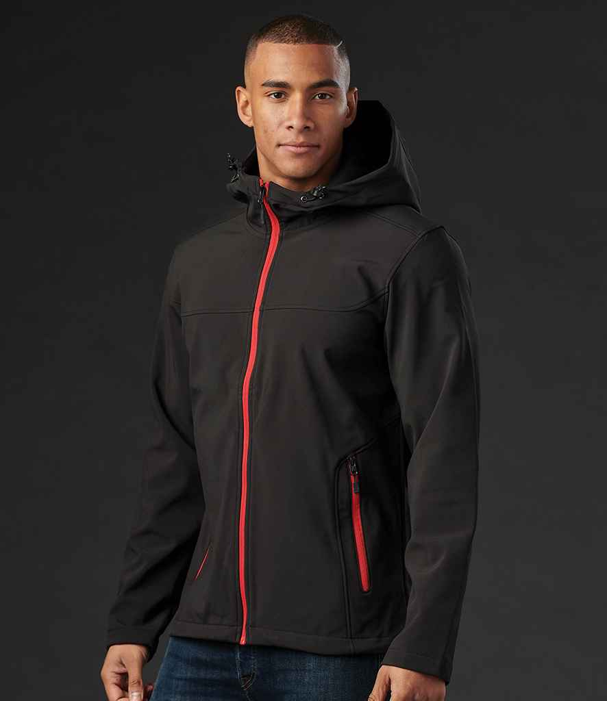 Stormtech Orbiter Hooded Soft Shell Jacket in Black Bright Red by Stormtech — Custom branded clothing by Print Press, featuring premium embroidery produced in our specialist print lab in the UK.