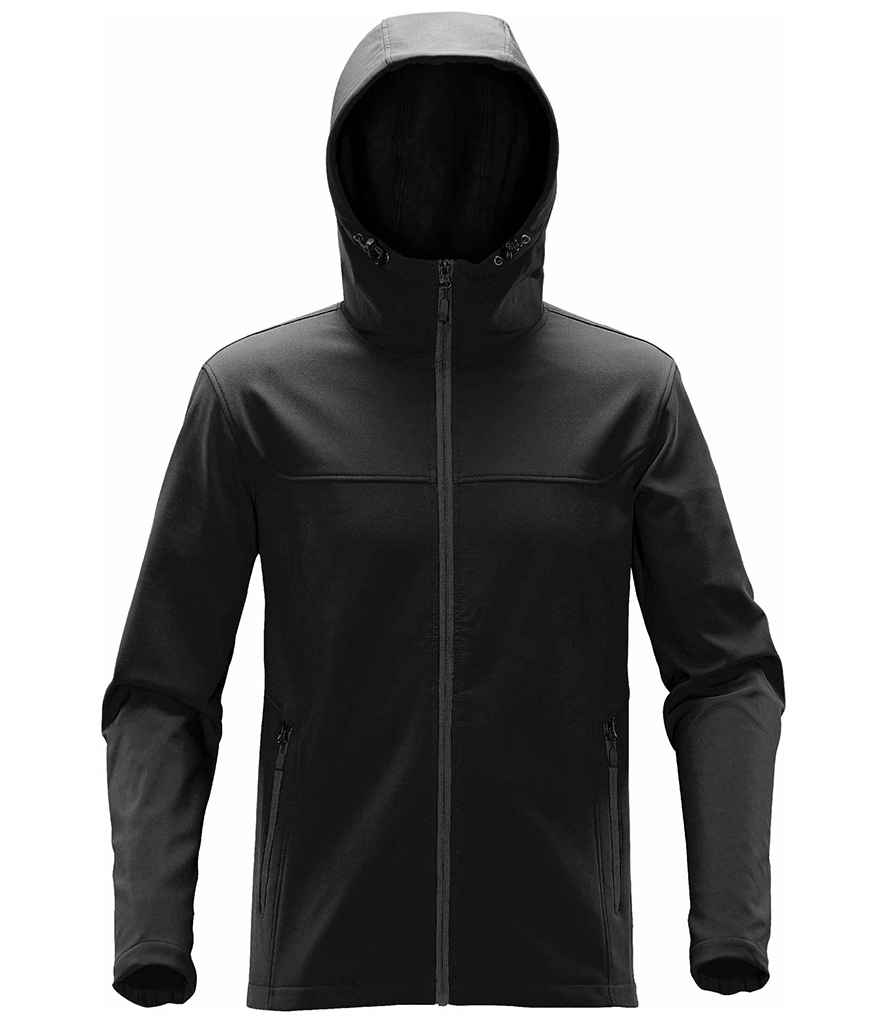 Stormtech Orbiter Hooded Soft Shell Jacket in Black Dolphin by Stormtech — Custom branded clothing by Print Press, featuring premium embroidery produced in our specialist print lab in the UK.