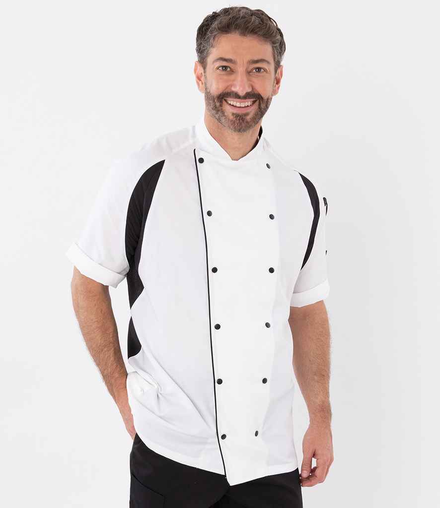 Le Chef Short Sleeve Executive Jacket in White Black by Le Chef — Custom branded clothing by Print Press, featuring premium embroidery produced in our specialist print lab in the UK.
