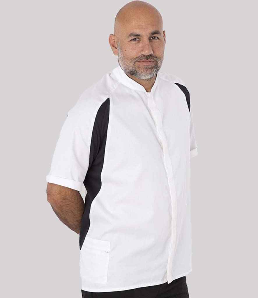 Le Chef StayCool® Single Breasted Jacket in White Black by Le Chef — Custom branded clothing by Print Press, featuring premium embroidery produced in our specialist print lab in the UK.