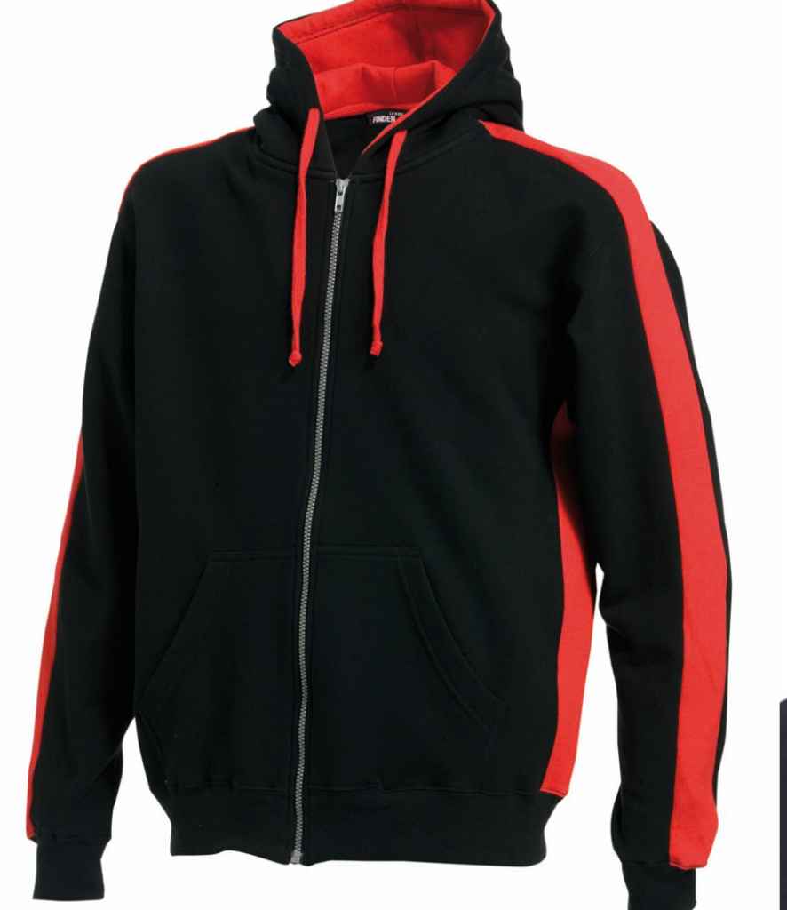 Finden and Hales Contrast Zip Hooded Sweatshirt in Black Red by Finden + Hales — Custom branded clothing by Print Press, featuring premium embroidery produced in our specialist print lab in the UK.