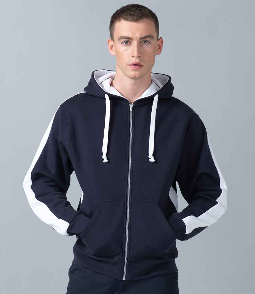 Finden and Hales Contrast Zip Hooded Sweatshirt in Navy White by Finden + Hales — Custom branded clothing by Print Press, featuring premium embroidery produced in our specialist print lab in the UK.