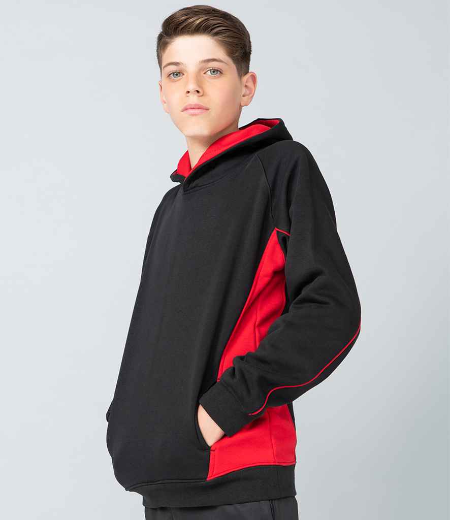 Finden and Hales Kids Contrast Hooded Sweatshirt in Black Red by Finden + Hales — Custom branded clothing by Print Press, featuring premium embroidery produced in our specialist print lab in the UK.
