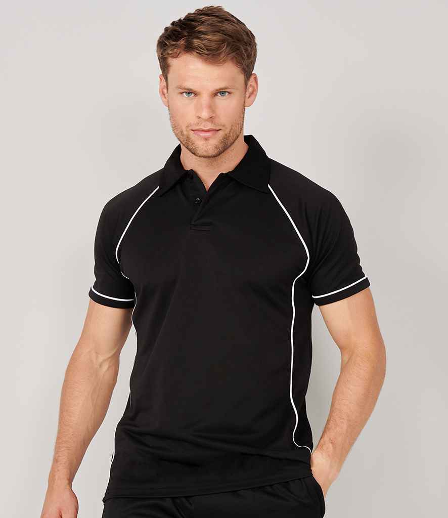 Finden and Hales Performance Piped Polo Shirt in Black White by Finden + Hales — Custom branded clothing by Print Press, featuring premium embroidery produced in our specialist print lab in the UK.