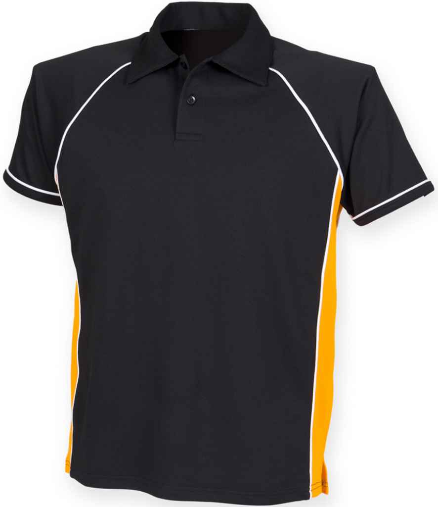 Finden and Hales Performance Piped Polo Shirt in Black Amber White by Finden + Hales — Custom branded clothing by Print Press, featuring premium embroidery produced in our specialist print lab in the UK.