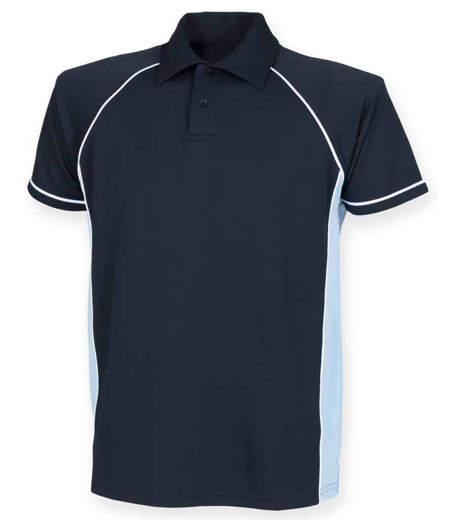 Finden and Hales Performance Piped Polo Shirt in Navy Sky Blue White by Finden + Hales — Custom branded clothing by Print Press, featuring premium embroidery produced in our specialist print lab in the UK.