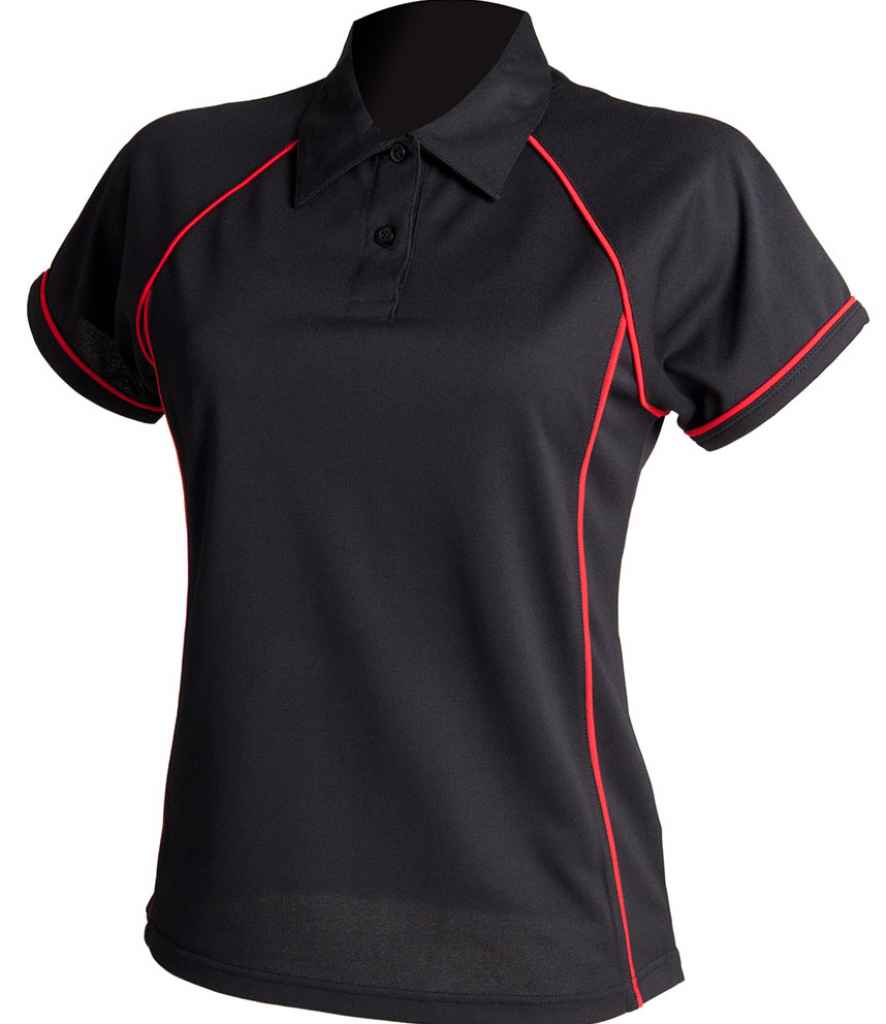 Finden and Hales Ladies Performance Piped Polo Shirt in Black Red by Finden + Hales — Custom branded clothing by Print Press, featuring premium embroidery produced in our specialist print lab in the UK.
